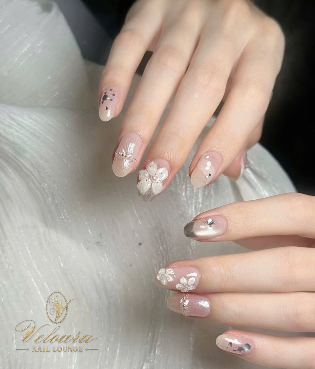 Chrome french tip nails by Veloura Nail Lounge, Augusta Georgia